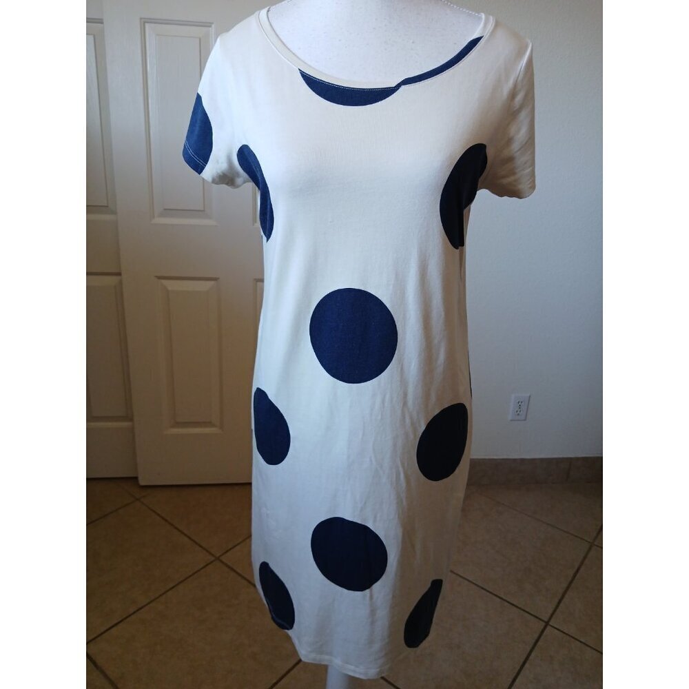 Boden Women Dress Tshirt 6R Beige & Navy Blue Polka Dot Short Sleeve Round Neck